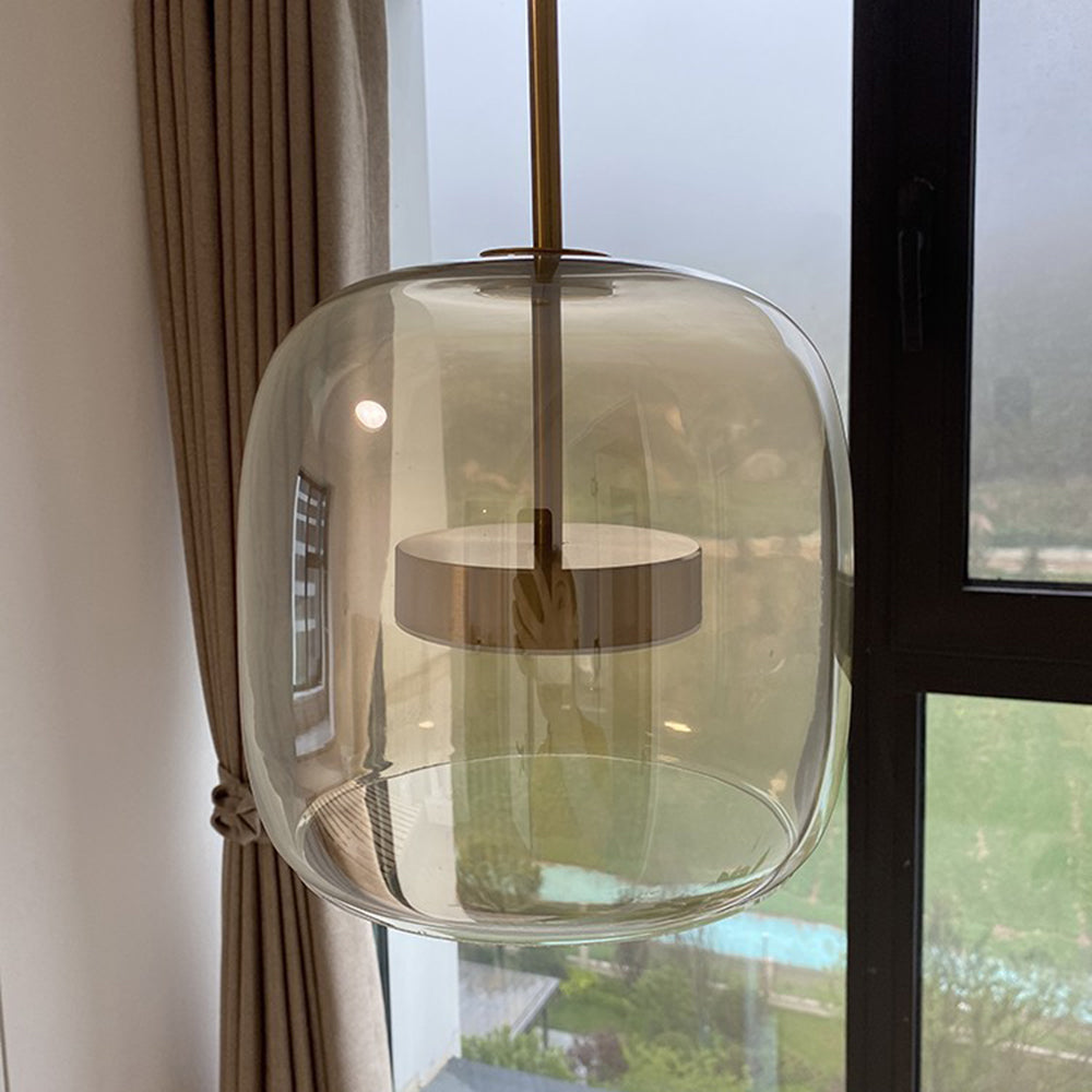 Lámpara colgante LED retro Hailie dorada ámbar metal vidrio para dormitorio
